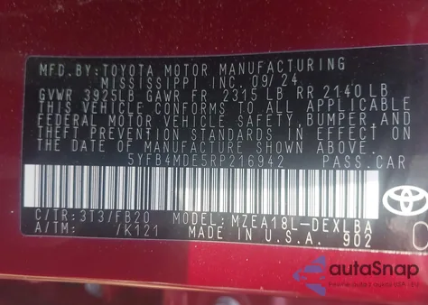 2024 Toyota Corolla Le из США, поврежденный, VIN 5YFB4MDE5RP216942